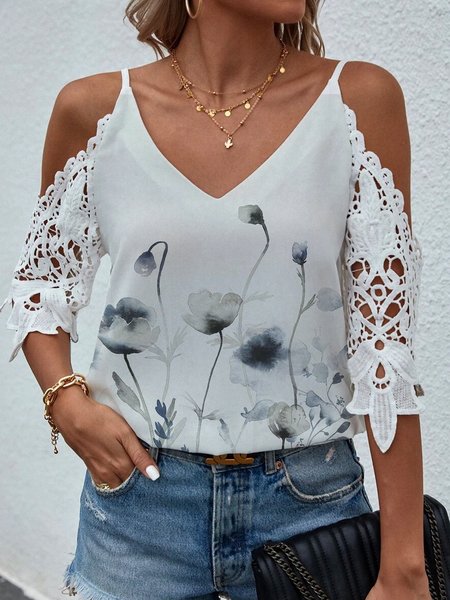 

Mother's Day Theme Lace Stitching Spring New Explosive Ladies Tops, White, T-Shirts