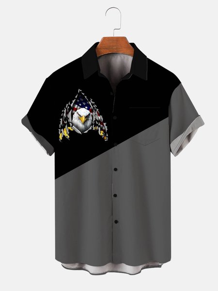 

Flag Pattern Men's Casual Chest Pocket Short Sleeve Bowling Shirt, Black, Shirts ＆ Blouse