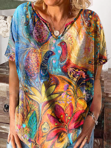 

Peacock Printed Plus size Short Sleeve Notched Casual Tops, Multicolor, T-Shirts