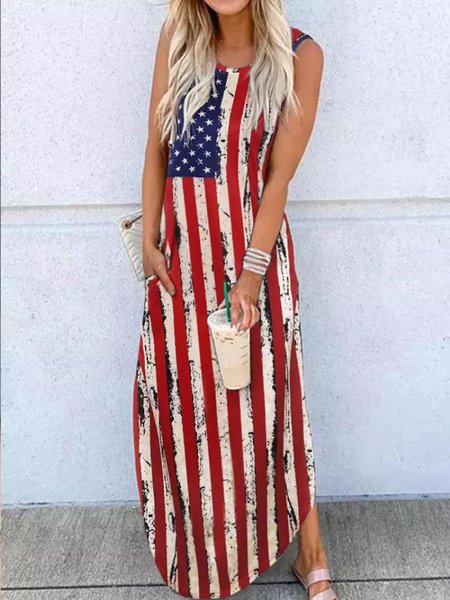 American Flag Round Neck Sleeveless Maxi Dress, Red, Dresses