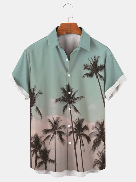 

Mens Coconut Print Lapel Loose Short Sleeve Trendy Hawaiian Shirt, Green, Men's Floral shirt