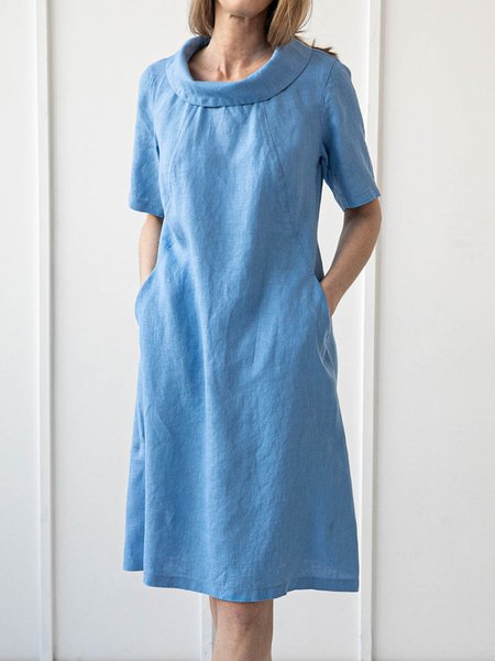 Doll Collar Plain Casual Short Sleeve Woven Dress, Red, Midi Dresses