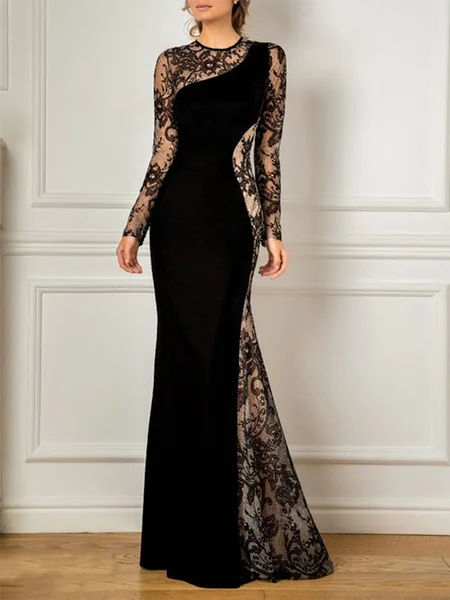 

Elegant Solid Crew Neck Long Sleeve Maxi Dress Wedding, Black, Maxi Dresses