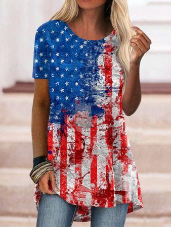 

Flag Loosen Casual Short Sleeve Tops, Multicolor, T-Shirts