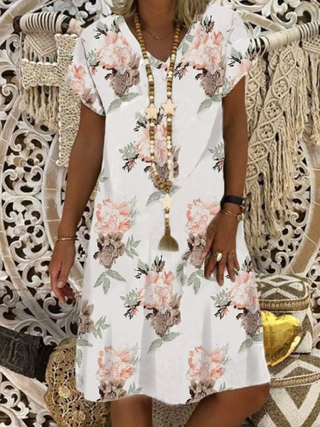 

Floral Vacation Loosen V Neck Midi Short Sleeve Knit Dress, Flower, Mini Dresses