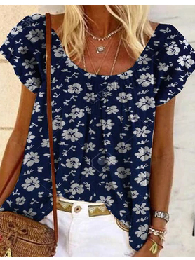 

Loosen Floral U-Neck Short Sleeve Tops, Blue, T-Shirts