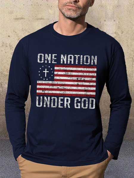 

One Nation Under God Usa Flag Casual T-Shirt, Deep blue, Long Sleeves