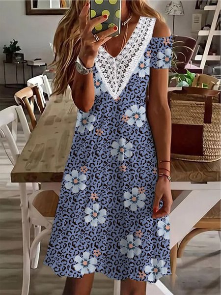 

Casual V neck Floral Short Sleeve Knit Dress, Blue, Mini Dresses