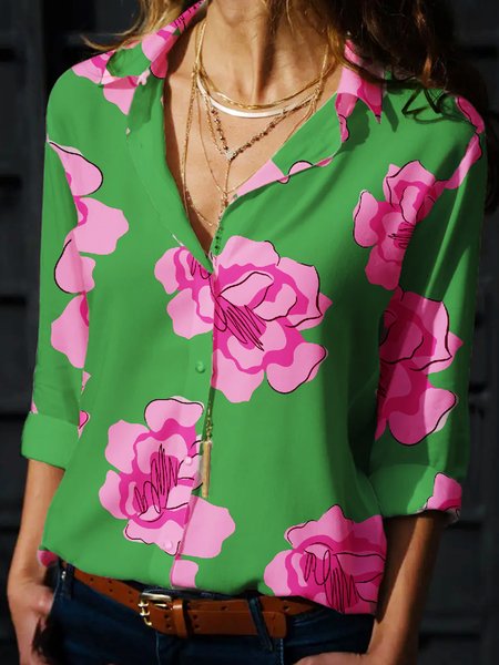

Floral Regular Fit Shirt Collar Mid Sleeve Blouse, Green, Blouses and Shirts