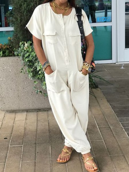 

Casual Pockets Plain Jumpsuit & Romper, Apricot, Jumpsuits＆Rompers