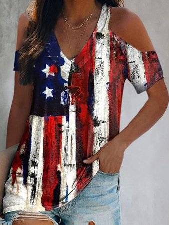 

Flag Vacation V Neck Short Sleeve Tops, Multicolor, T-Shirts