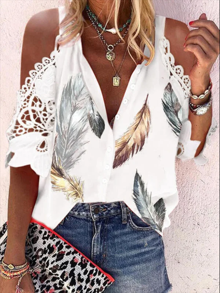 

V neck Boho Feather White Button Down Short Sleeve Blouse, Blouses & Shirts