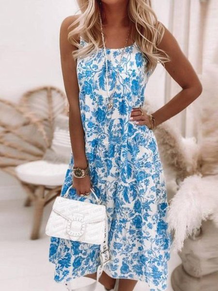 

Floral Casual Sleeveless Dresses, Blue, Mini Dresses