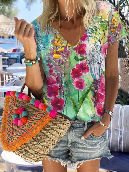 

Casual V Neck Short Sleeve T-Shirt, Multicolor, T-Shirts