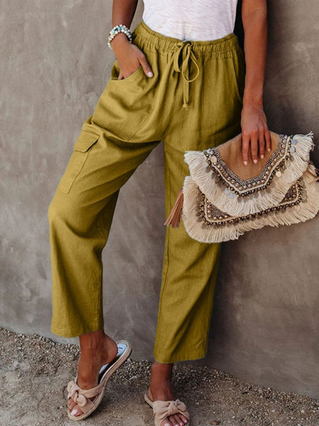 

Casual Cotton Plain Pants, Yellow, Pants