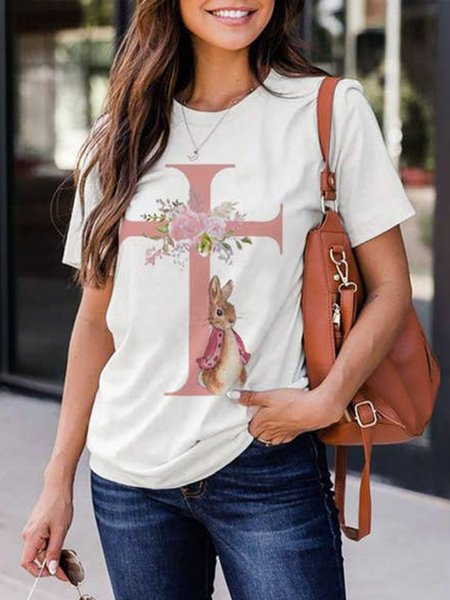 

Casual Vacation Easter Bunny Print Short Sleeve Regular fit T-Shirt, White, T-Shirts