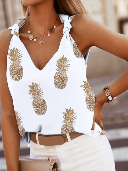 

V Neck Casual Pineapple Woven Tank, White, Tank Top
