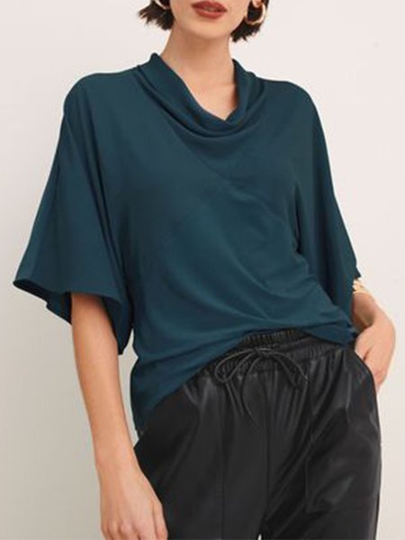 

Plain Casual Short Sleeve Tops, Blue, Tops