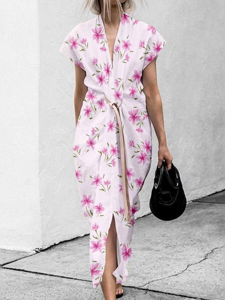 

Floral Casual V Neck Cap Sleeve Midi Dress, Pink, Midi Dresses