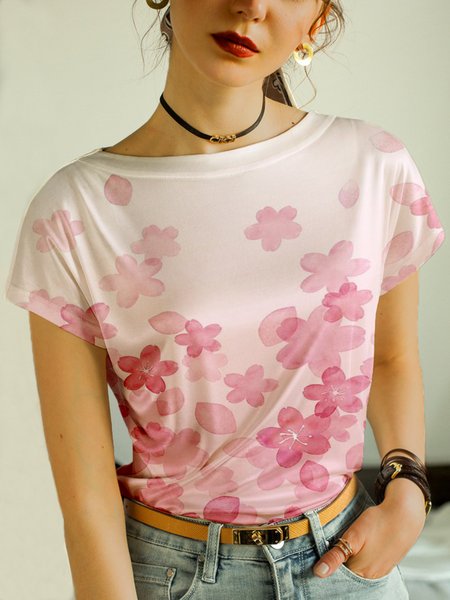 

Floral Casual Regular Fit Cap Sleeve T-Shirt, Pink, Tees