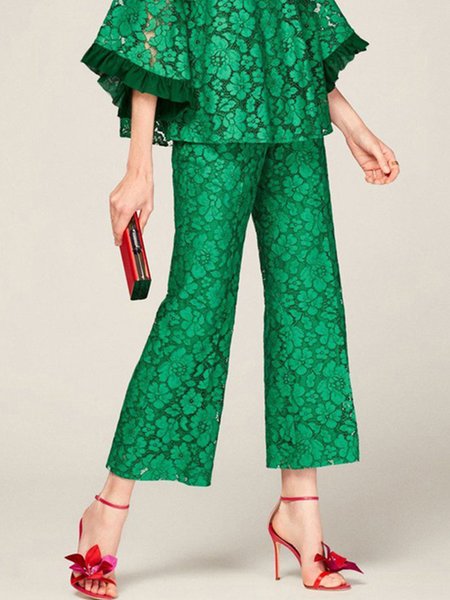 

Elegant Solid Regular Fit Pants, Green, Wide Leg Pants