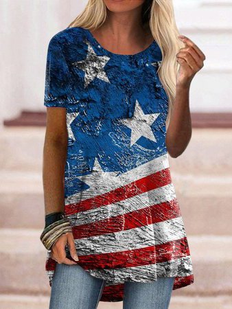 

Crew Neck Flag Loosen Short Sleeve Tops, Multicolor, T-Shirts