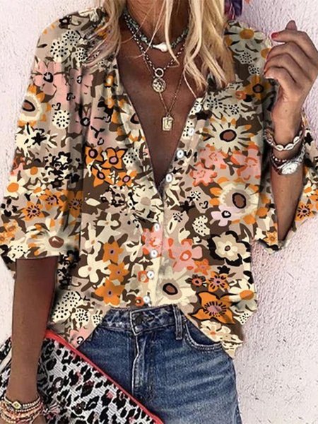 

Floral V Neck 3/4 Sleeve Plus Size Casual Shirts, Multicolor, Blouses & Shirts