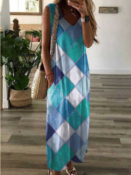 

Geometric Vacation Sleeveless Knit Dress, Multicolor, Dresses