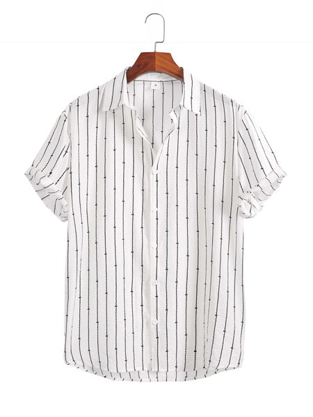 

Men's Loose Striped Short Sleeve Shirt, White, Shirts ＆ Blouse