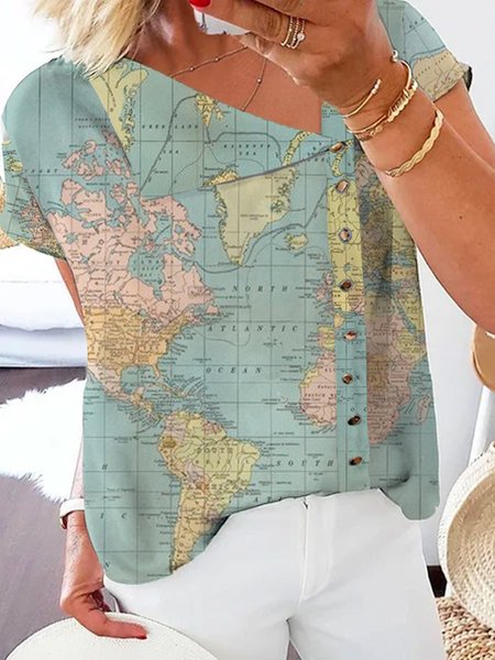 

Loosen Lapel Short Sleeve Tops, As picture, Tops