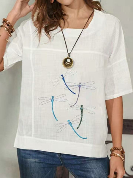 

Dragonfly Crew Neck Casual Short Sleeve Tops, White, Tees & T-shirts