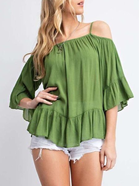 

Casual Plain Short Sleeve Tops, Green, Tops