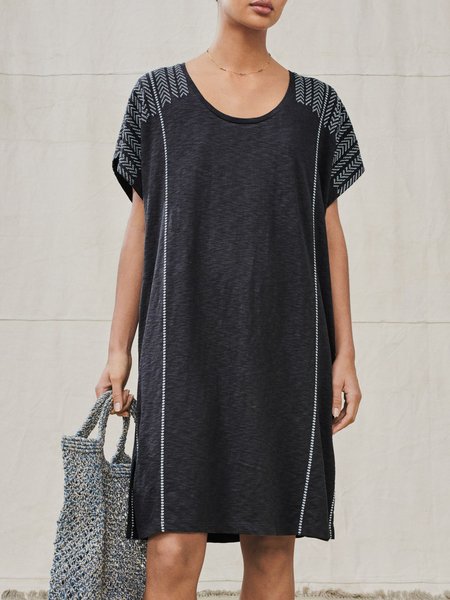 

Casual Loosen Printed Crew Neck Short Sleeve Dress, Black-grey, Mini Dresses