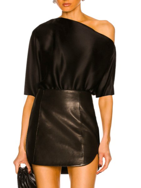 

Summer Asymmetrical Neck Lightweight Simple Short Sleeve Tops, Black, Tops