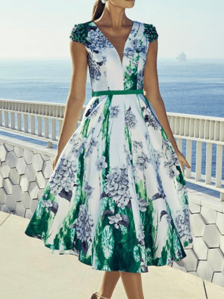 

Summer V neck Elegant Short Sleeve Woven Fit and FlareX Dress, Green, Midi Dresses