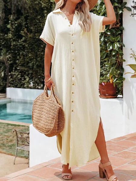 

Casual Short Sleeve Woven Dress, Off white, Maxi Dresses