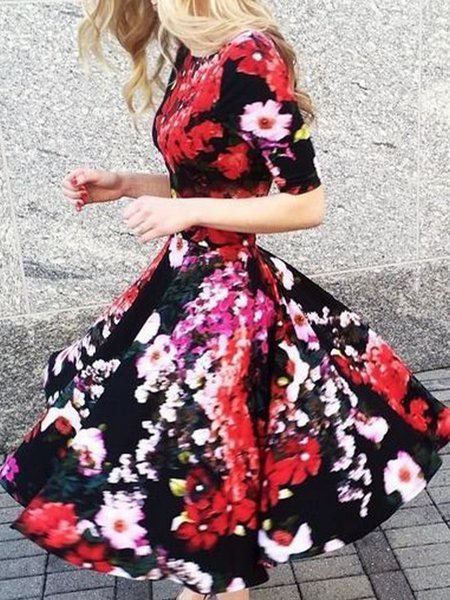 

Floral Elegant Short Sleeve Knit Midi Dress, Multicolor, Midi Dresses