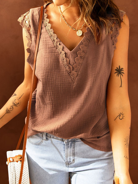 

V Neck Casual Woven Tank, Brown, Tank Top