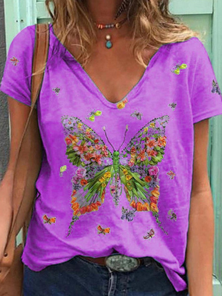

Casual Animal Loosen Short Sleeve Tops, Purple, T-Shirts