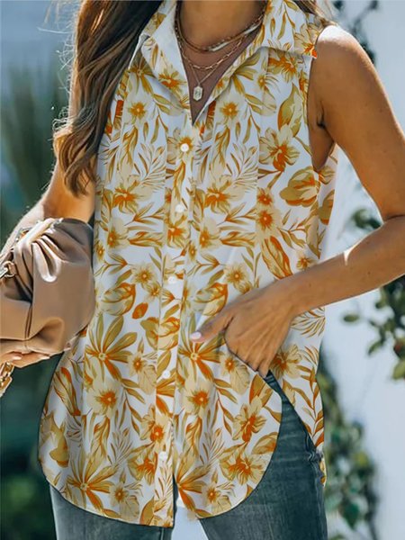 

Vacation Floral Casual Loosen Buttoned Shirt Collar Short Sleeve Blouse, Yellow, Blouses & Shirts