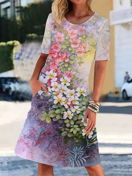 

Loosen Floral Printed Short Sleeve Knit Dress, Multicolor, Dresses