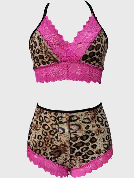 

Women's Sexy Lace Leopard Patchwork Lingerie Set, Rose red, Bra&Bra Sets