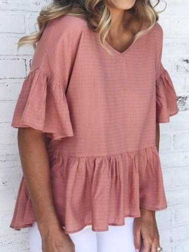

Round Neck Striped Loosen Short Sleeve Tops, Red, Tunics