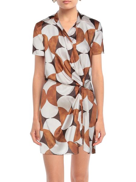 

Shirt Collar Regular Fit Short Sleeve Woven Dress, Brown, Midi Dresses