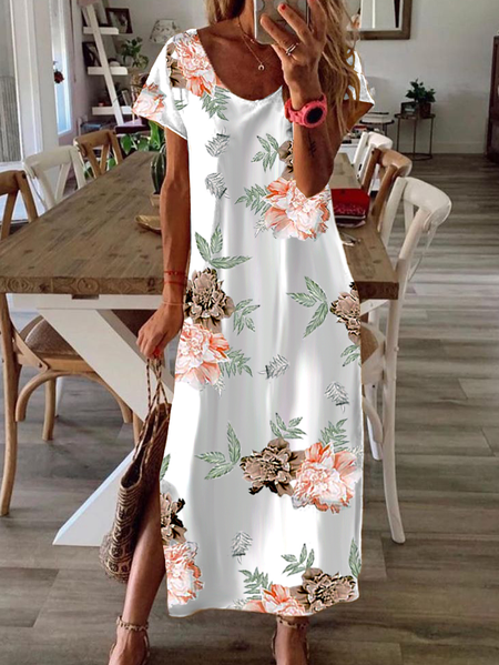 

Casual Floral Short Sleeve Knit Dress, White, Maxi Dresses