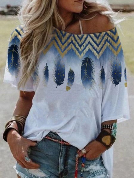 

Ombre Feather Crew Neck Cotton Blends Loosen Short Sleeve T-Shirt, White, T-Shirts