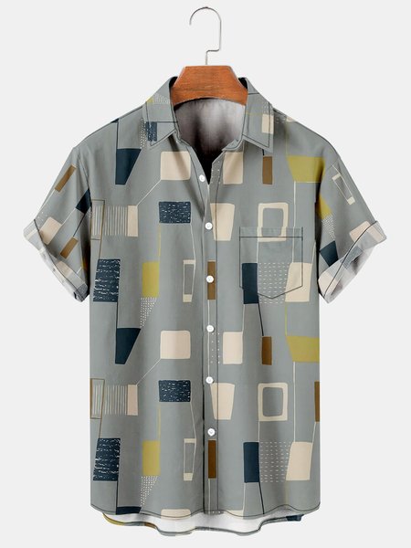 

Men's Geometric Colorblock Print Casual Short Sleeve Hawaiian Shirt, Gray, Men's Floral shirt