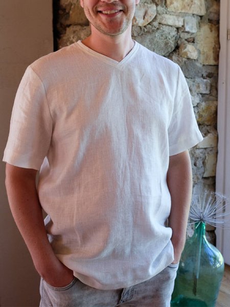 

Men's Cotton Linen Loose V-Neck T-Shirt, White, T-Shirts