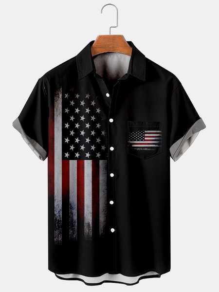 

Mens Independence Day Print Casual Breathable Short Sleeve Shirt American Flag Novelty, Black, Short Sleeve Shirts