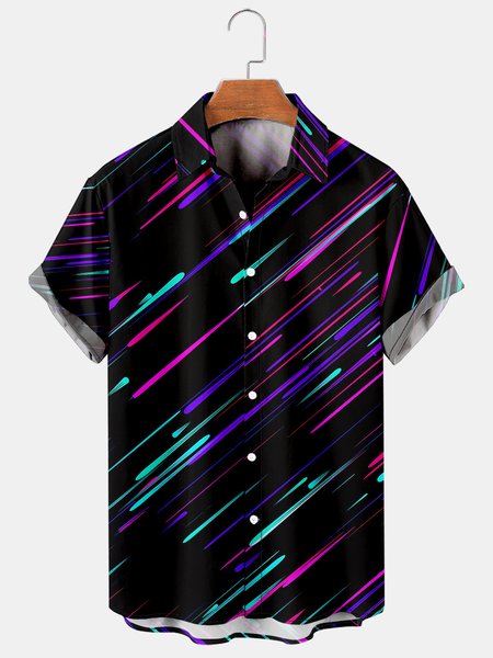 

Men's Geometric Print Casual Short Sleeve Hawaiian Shirt, Black, Men's Floral shirt